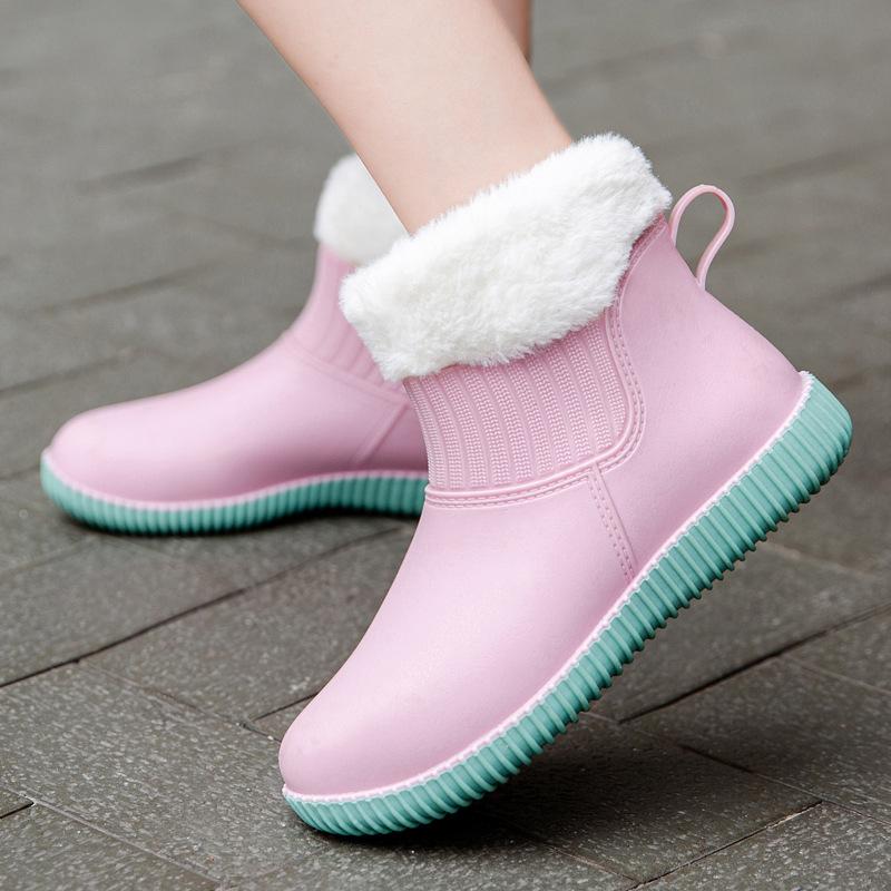 Fashion Rain Shoes Women's Non-slip Kitchen Rubber Shoes Fleece Warm Outside Rain Boots Versatile Waterproof Car Wash Shoes