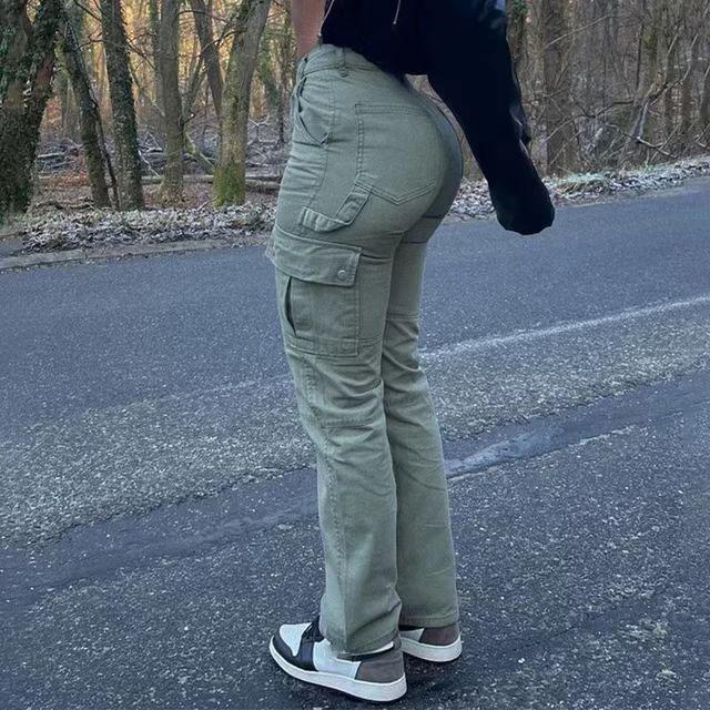 Джинсы с высокой талией и карманами Брюки-карго Женские эстетические джинсовые брюки Уличная одежда