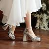 Модная женская новая весенне-осенняя обувь с квадратным носком, сексуальная клубная обувь с пайетками и кожаной отделкой, водонепроницаемая, на платформе и высоком каблуке, с эластичным ремешком, одинарная обувь