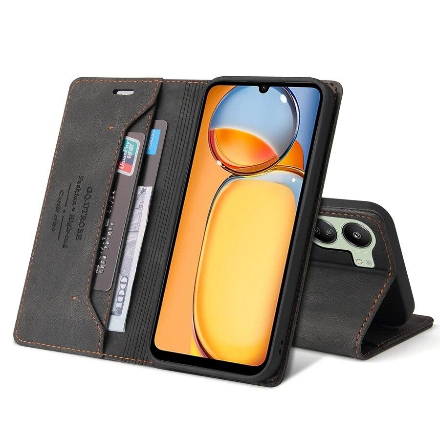 Кожаный чехол с магнитной откидной крышкой для Xiaomi Redmi 13C с силиконовым противоударным защитным чехлом для карт памяти