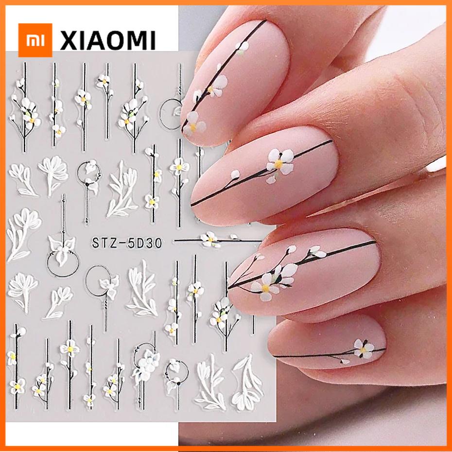 Xiaomi 5D Simple Flowers Nail Embossed Stickers Elegant Wedding Design Adhesive Sliders Floral Textured Engraved Decoration Supplies