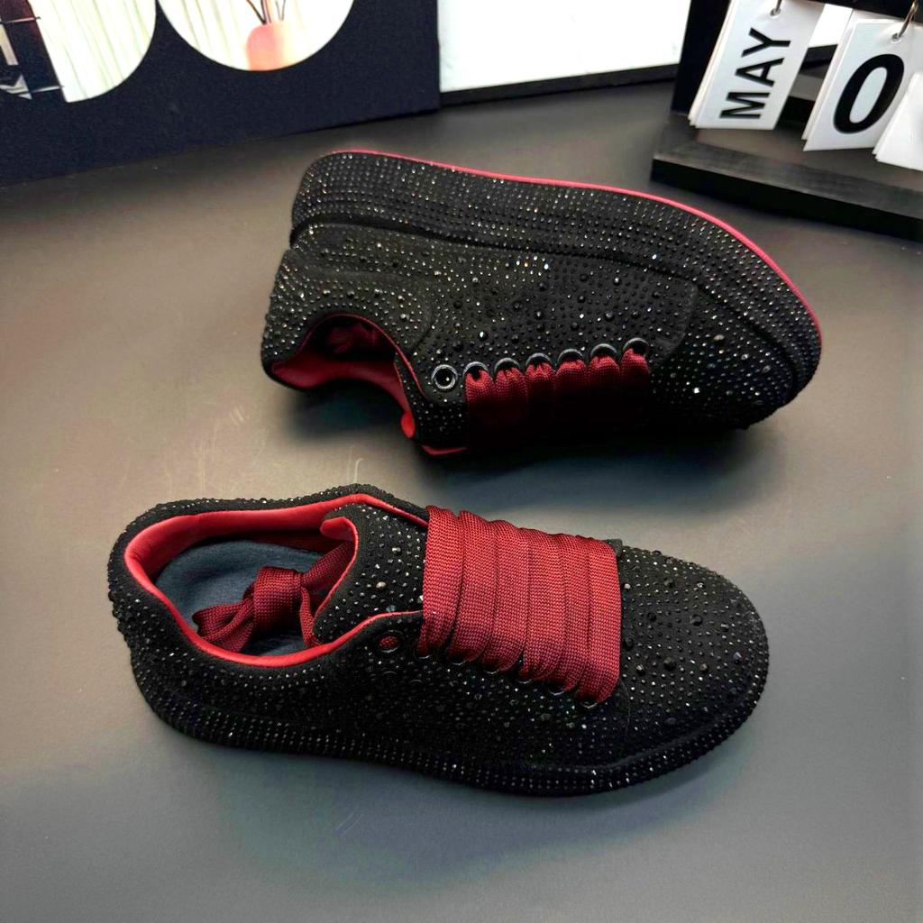 Fashion Luxury Designer Men's and Women's Red and Black Rhinestone Thick-soled Shoes, Casual Flat Shoes, Moser Shoes, Men's Sports Shoes