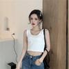 Women Summer Casual Sleeveless Solid Color U Collar Bare Midriff Crop Top