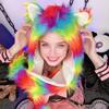 Women Hat Rainbow Color Imitation Fur 3 In 1 Hat Scarf Gloves Winter Warm Hat Home Outdoor Work Street Wear