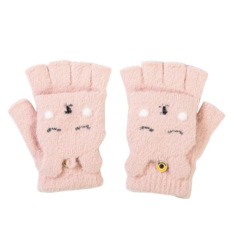 Women's Half-finger Gloves Winter Cold Protection Warm Velvet Cute Cartoon Rabbit Finger Knitted Wool Gloves
