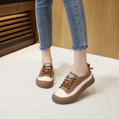 Первый слой коровьей кожи 2025 осень кожаные маленькие белые туфли женские на толстой подошве шнуровка повседневные кеды на мягкой подошве уродливые одинарные туфли тренд