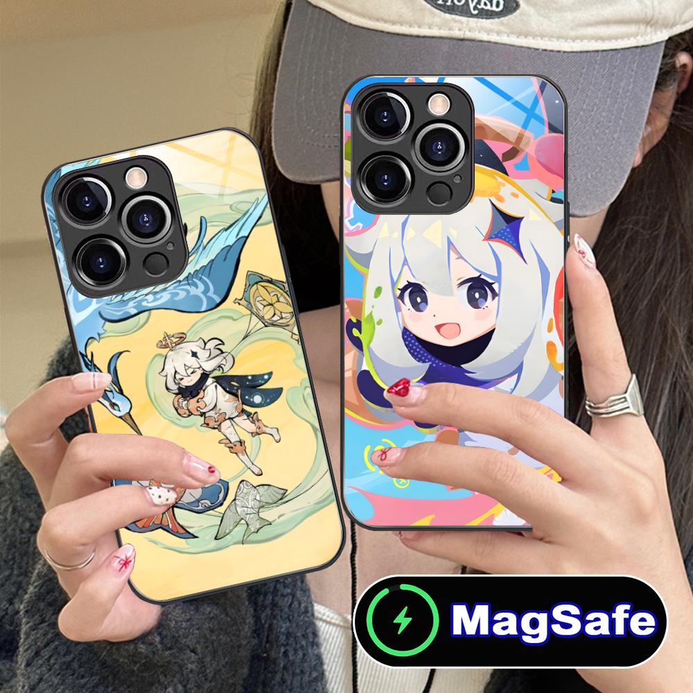 Game GI Paimon Glass MagSafe Mobile Phone Case for iPhone 17 16 15 14 13 12 11 Air Pro Max Plus Mini Colorful Cover