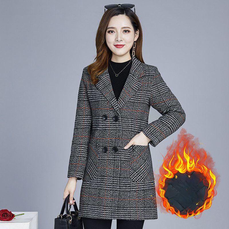 Autumn and Winter Coat Temperament Mid-length Blouse Women's Plaid Windbreaker