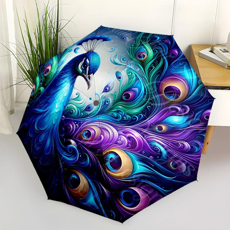 Peacock Feathers Automatic Folding Umbrella Compact 8 rib Design,Unique Style,Suitable for Everyday Outdoor Use,Perfect Gift for Friend