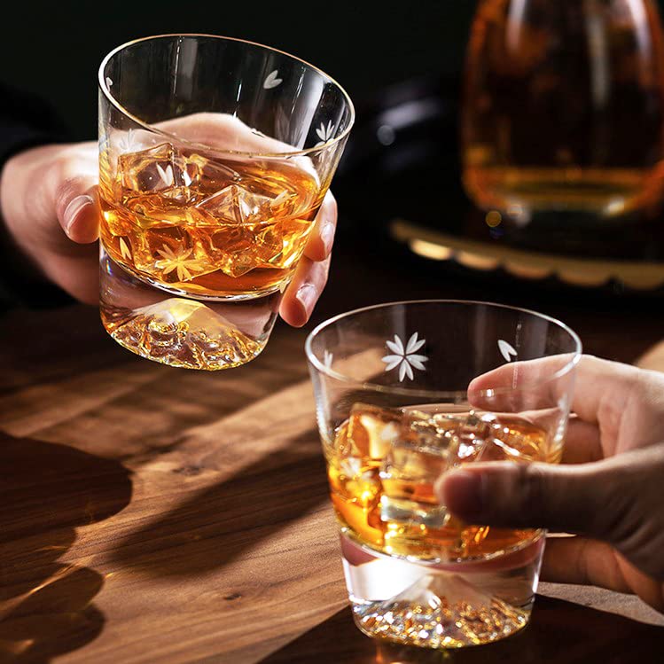 Пара камней Fuji Sakura Kiriko, сделанных вручную, в коробке из виски, на свадьбу, шестидесятилетие, день рождения, популярные, 270 куб. см.. Стекло, Стекло, Набор, Роскошь, Мастера,