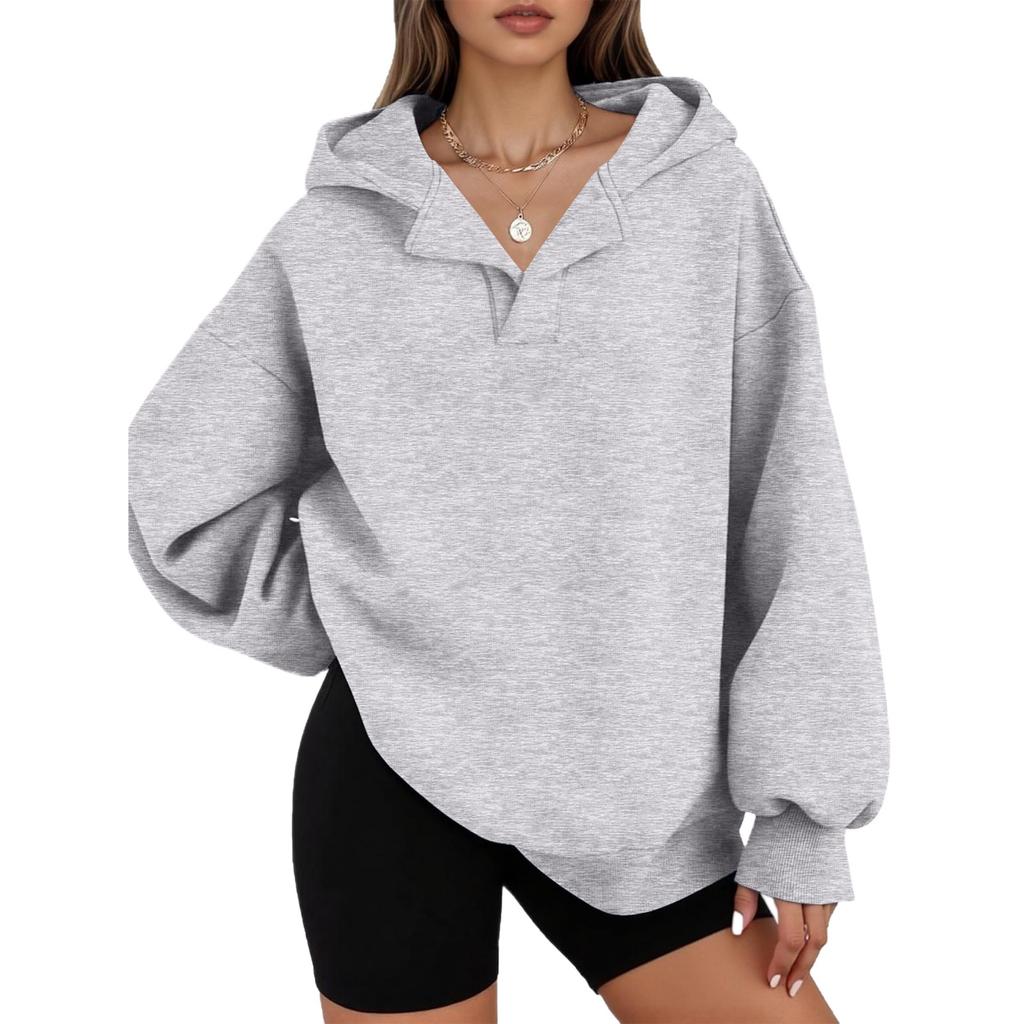 Women's Casual V-neck Pullover Long-sleeve Solid Color Fleece-lined Hooded Sweatshirt Top