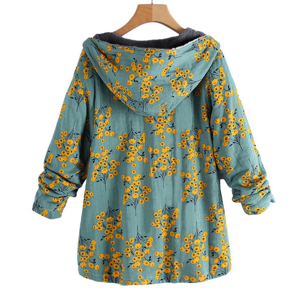 Женская зимняя теплая верхняя одежда с цветочным принтом и карманами с капюшоном Винтажное пальто большого размера