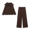 Women's Spring Coffee Stripe Pullover Sweater & Color Block Knit Pants Set