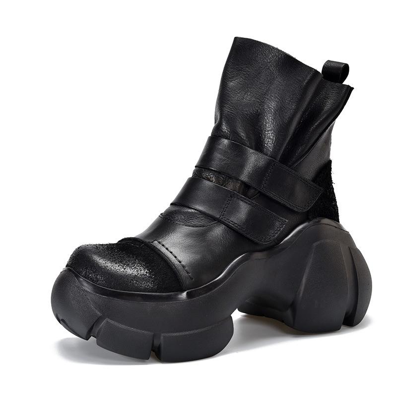 GKTINOO Ретро Ботильоны на Толстой Подошве 2024 Осень Зима Новые Натуральная Кожа Круглый Носок Однотонные Универсальные Туфли на Платформе