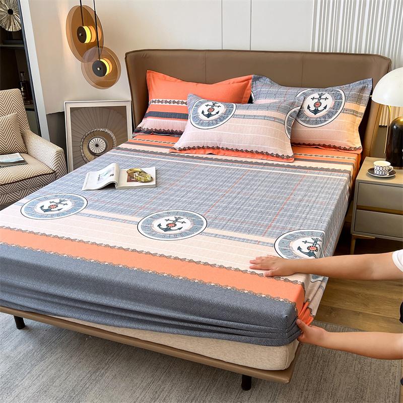 Classic Floral Pattern Fitted Sheet Set 100% Cotton Thickened Fitted Sheet Soft Skin-friendly Mattress Cover with 2 Pillowcases