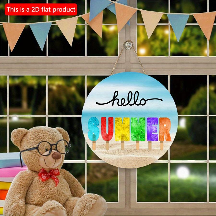 2D Flat 20*20cm 1pc Hello Summer Cool Letters Popsicle Pattern Good Quality Hanging Ornament, Cool Ocean Beach Scenery Home&Wedding&Marine Party Round