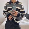2026 Autumn/Winter Women's Color Block Striped Knit Sweater - Casual, Loose Fit with Lapel
