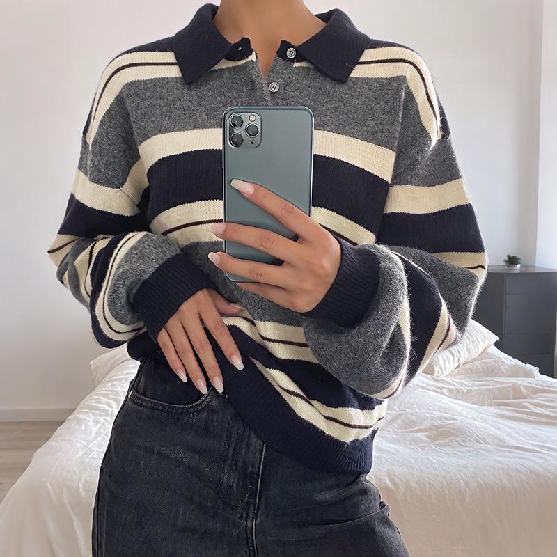 2026 Autumn/Winter Women's Color Block Striped Knit Sweater - Casual, Loose Fit with Lapel