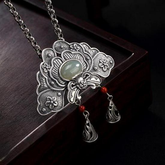 Retro S925 Silver Hetian Jade & Nan Hong Agate Tassel Peony Flower Necklace Pendant for Women