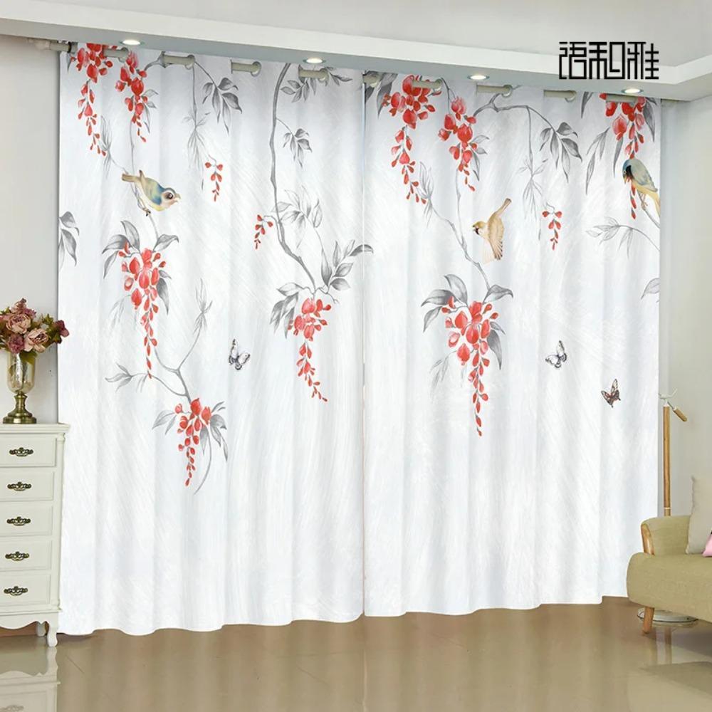 2-панельная новая китайская занавеска с изображением цветов, птиц, пейзажей, картин, напечатанная занавеска для спальни, гостиной, кухни, окна, шторы