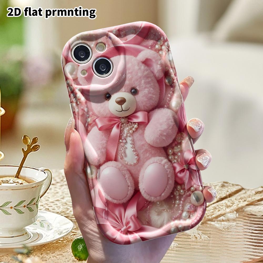 Phone Case: 2D flat, fits iPhone 12–18 Pro, phone accessory, pink plush bear, perfect for Christmas and Halloween gifts