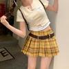 Желтая клетчатая мини-юбка А-силуэта с высокой талией размера плюс для женщин - Сладкая и пикантная осенняя плиссированная юбка