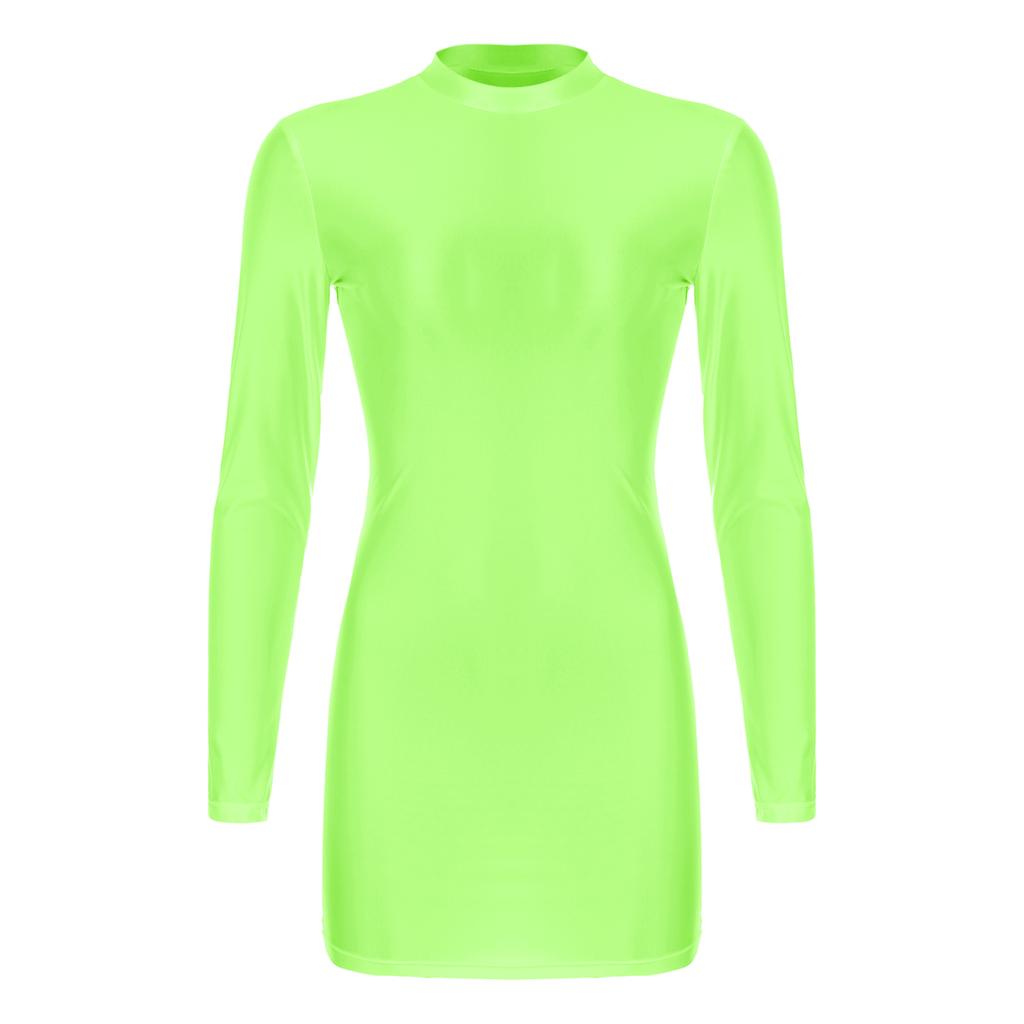 Womens Glossy Long Sleeve Bodycon Dress Nightwear Solid Color Smooth Stretchy Mock Neck Tight Dresses