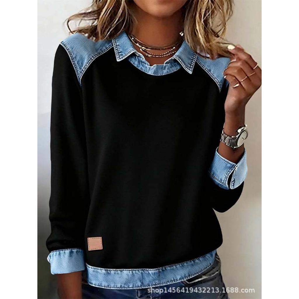 Women's Clothing, Denim Collar Long Sleeved Pullover Spliced Knit Sweater Top