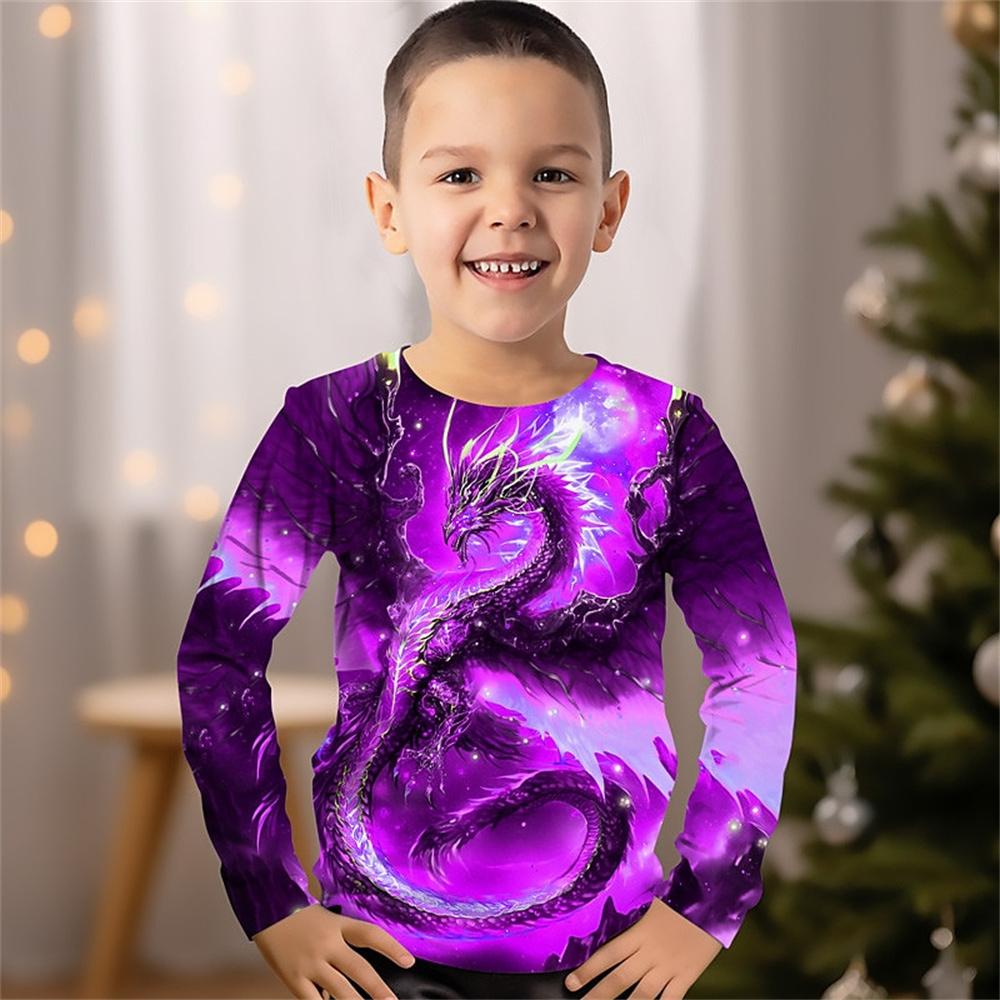 Children's Cool Animal Dragon Series 3D Digital Printed Boys Hip Hop Personality Round Neck Long Sleeved T-shirt