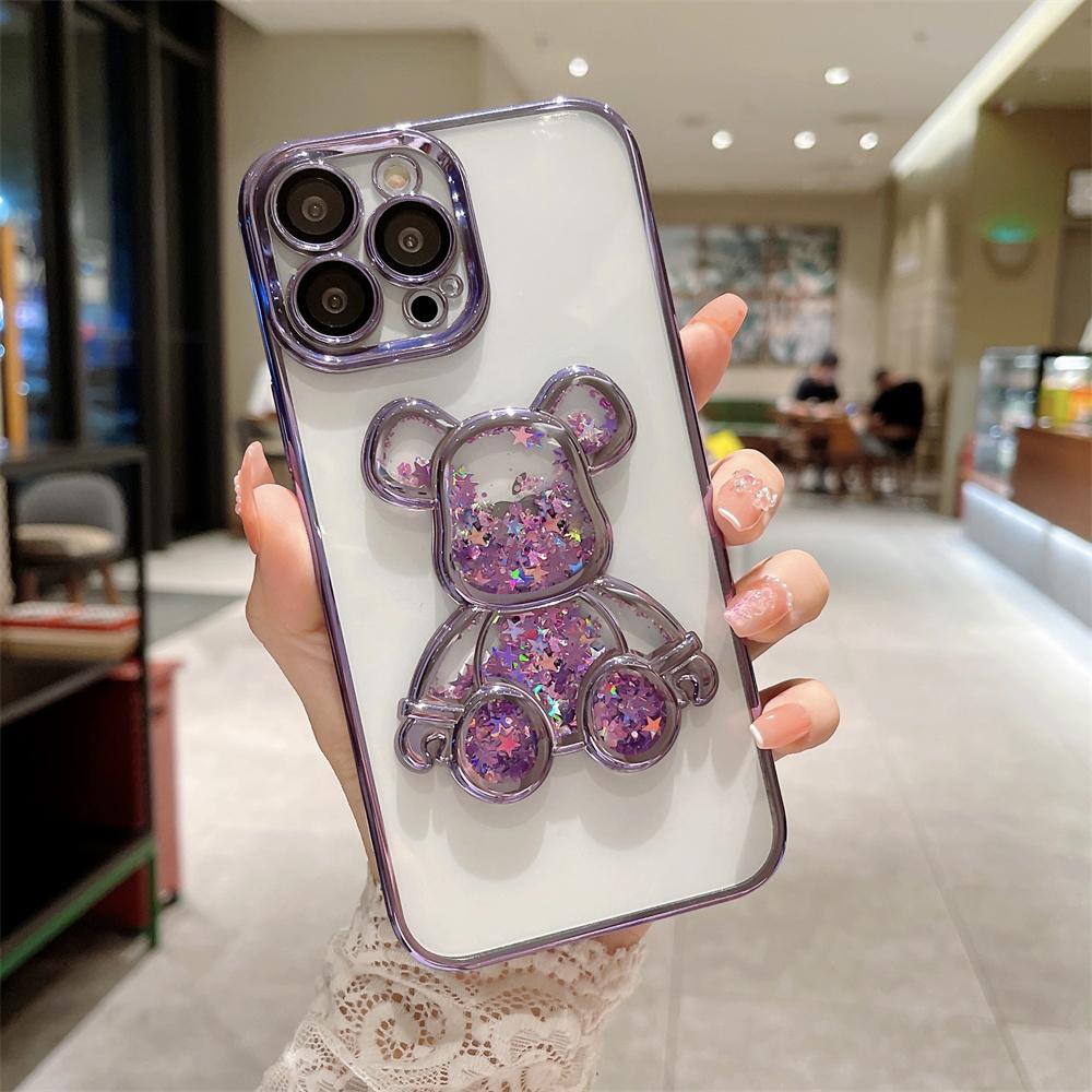 Чехол-брелок с блестками и мишкой для For Iphone 14 16 17 Pro Max 1 Plus Милые гальванические чехлы для For Iphone 1 12 13 11 ProMax