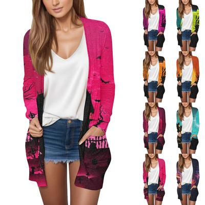 Женская мода, повседневный кардиган с принтом на Хэллоуин, средней длины, куртка, пальто