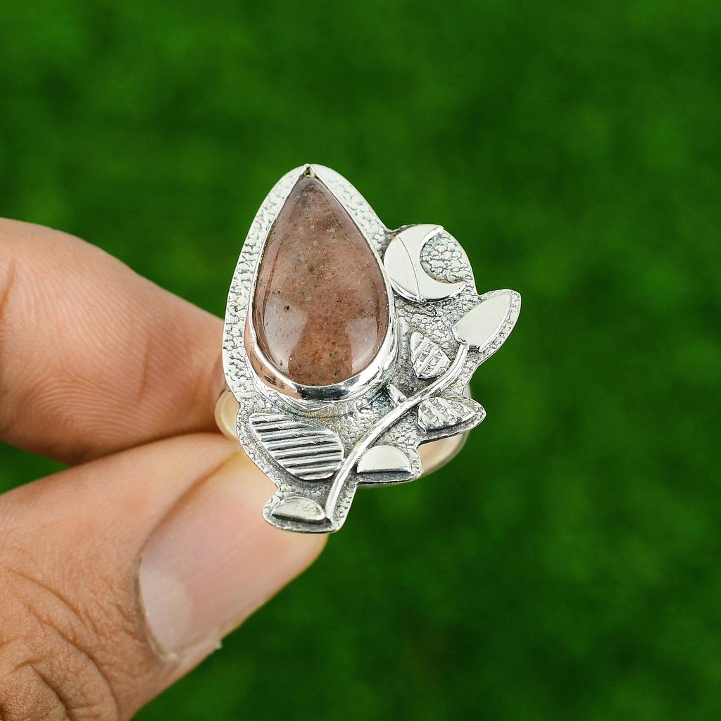 925 Silver Sunstone Stone Cescent Moon Boho Statement Sacral Chakra Ring Jewelry