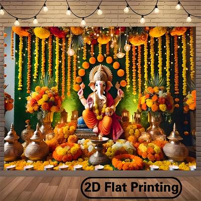 2D плоский баннер - Фон для фотосъемки Алтарь статуи Рууды Ткань Традиционный индуистский дизайн