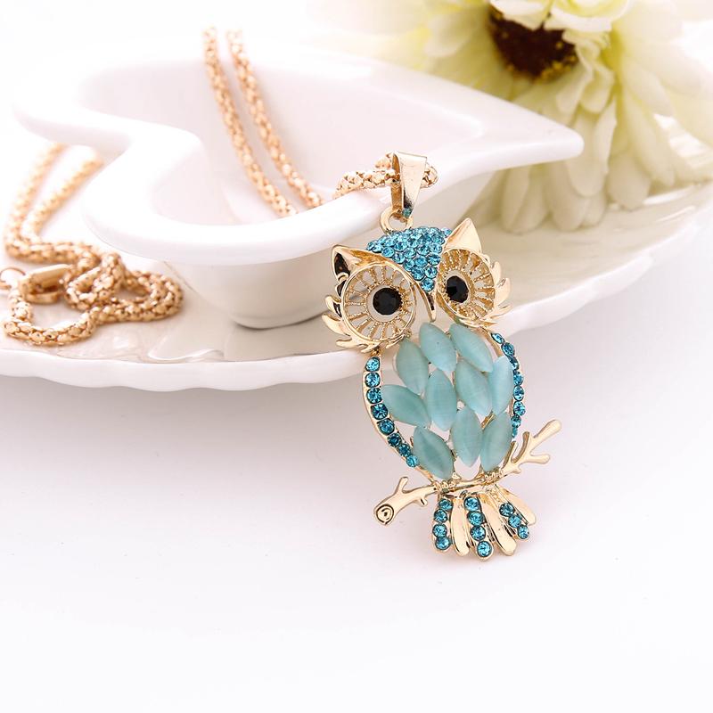 Luxury Hollow Gold Color Lady Blue Owl Pendant Necklace Sweater Chain Accessories Jewelery