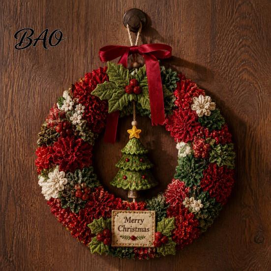 Tree Poke Art Wreath DIY Christmas Kit, 3D Fabric Santa Snowman Elk Handmade Set, Holiday Front Door Decor Crafts