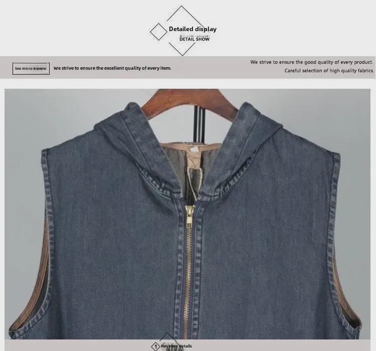 Корейское джинсовое платье большого размера с капюшоном и без рукавов — повседневное, утягивающее, антивозрастное