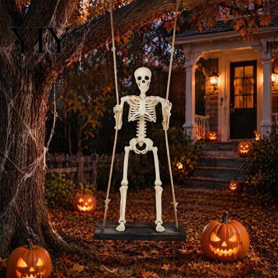 Movable Joint Skeleton Figurine Halloween Swinging Decoration, 35" Large Spooky Hanging with Decorative Swing for Wooden Yard, Garden, Porch,
