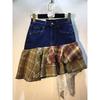 European Station Spring Clothing New Splicing Plaid Lace Skirt High Waist Elastic Denim Skirt Short Skirt