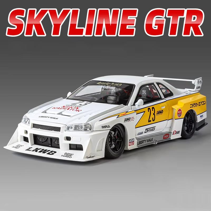 1:24 Полномасштабная модель автомобиля GTR R34 с четырьмя колесами, амортизирующим рулевым управлением, четырьмя дверями, литой под давлением, со звуком и светом, инерционная модель, игрушечный подарок для мальчика