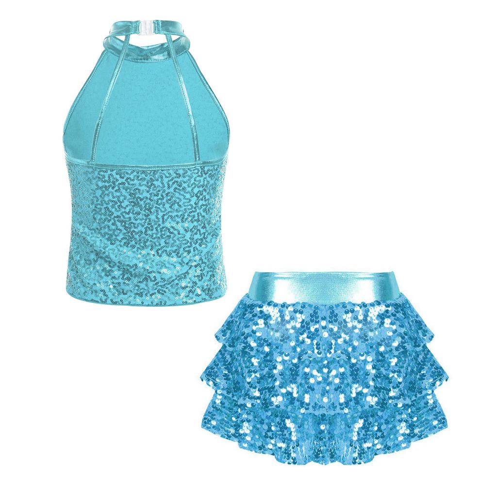 Girls Jazz Dance Outfit Halter Sleeveless Sequin Crop Top Tiered Ruffle Skirted Shorts Set