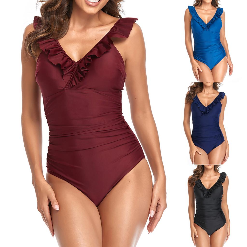 Women's Fashion Sexy Camisole Bikini Sexy Dark V Solid Ruffled Belly Covering One-Piece Swimsuit