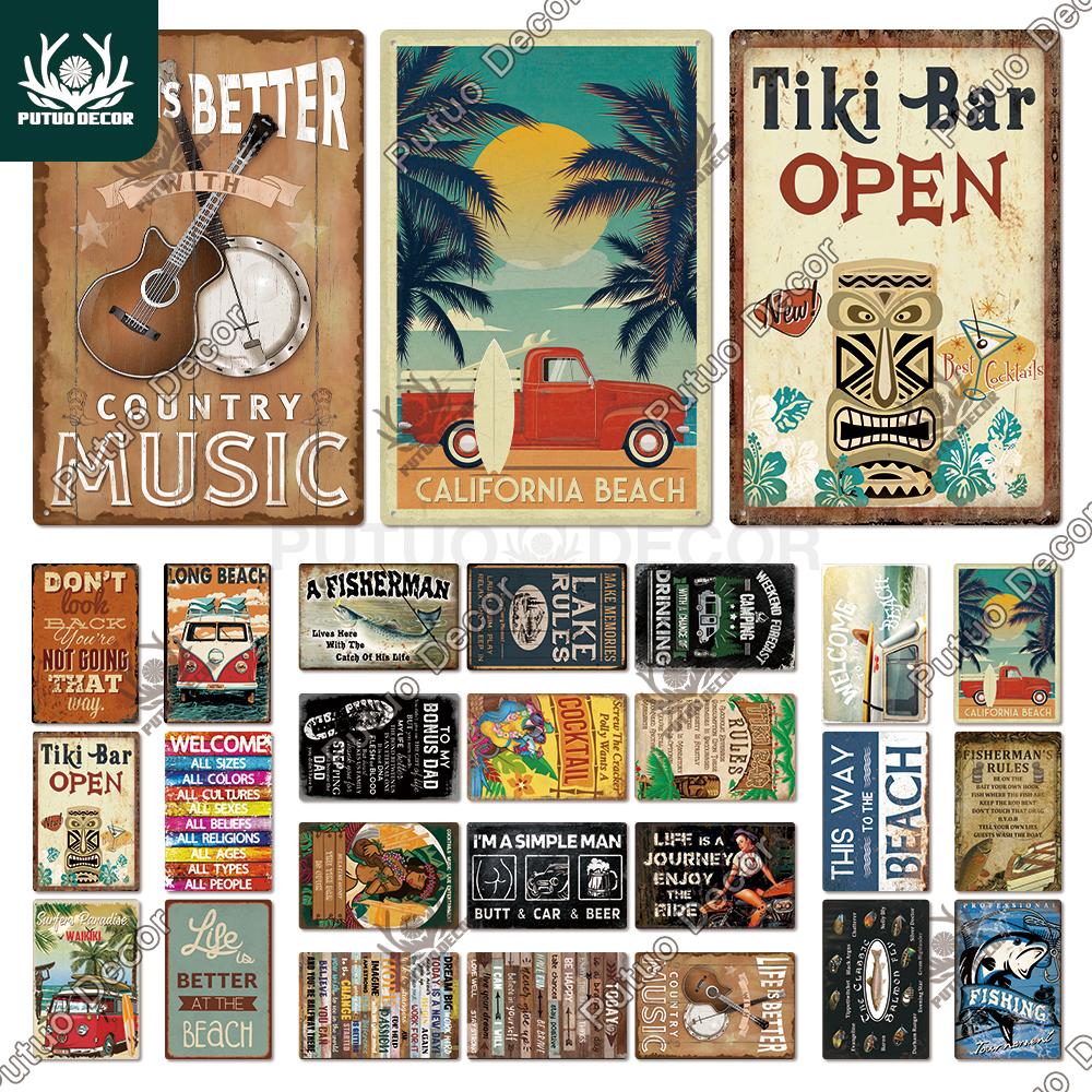 Decor Beach Vintage Plaque Metal Plate Retro Tin Signs Summer Wall Art Poster Seaside Tiki Bar House Room Iron Painting