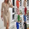 Women's Long Sleeve Maxi Dress Lapel Slit Long Dress Loose Tie Waist Wrap Hip Dress