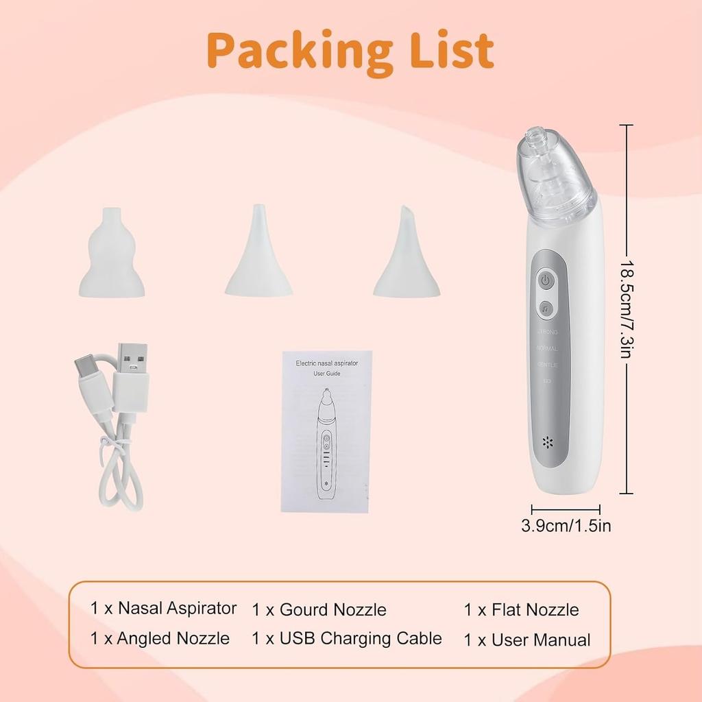 Electric Nasal Aspirator for Babies 3 Suction Levels, 3 Silicone Nozzles, Rechargeable & Portable Nose Cleaner with Soothing Lullaby