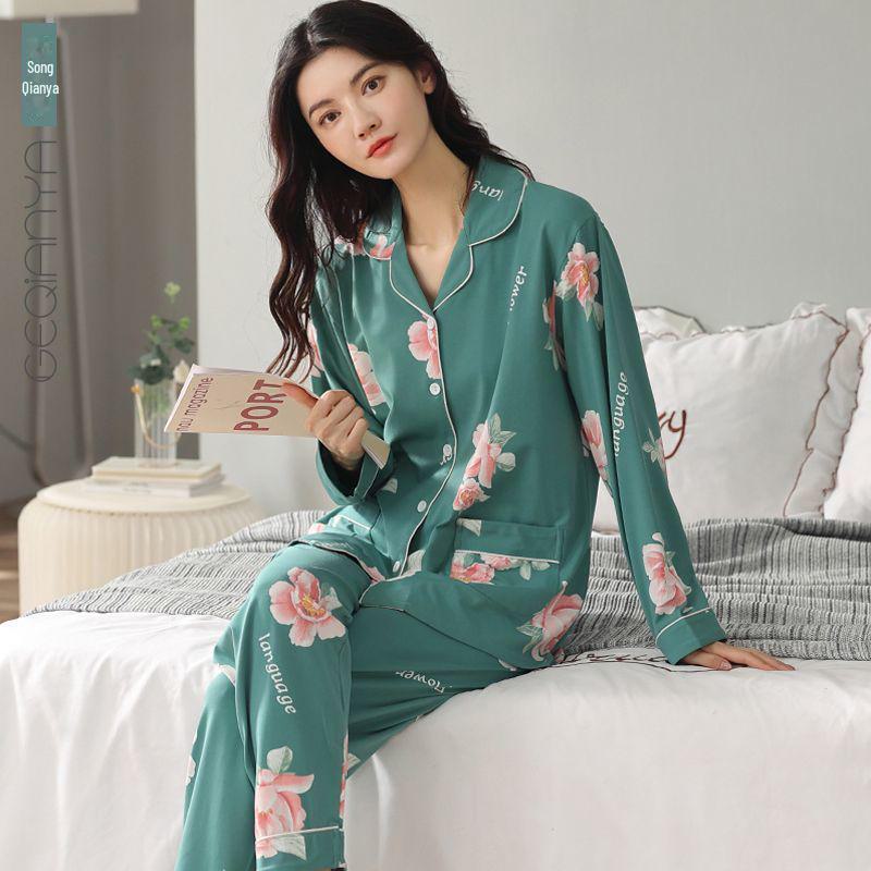 Женская пижама с длинными рукавами из 100% хлопка на весну и осень: Домашняя одежда свободного кроя для женщин среднего возраста