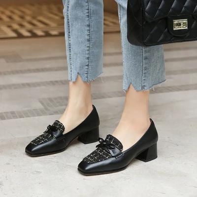 Модные женские туфли-лодочки на блочном каблуке, лоферы с бантом, туфли на массивном каблуке с квадратным носком для женщин, средний каблук, популярный Y2k, стильная обувь класса люкс, бренд, размер 39