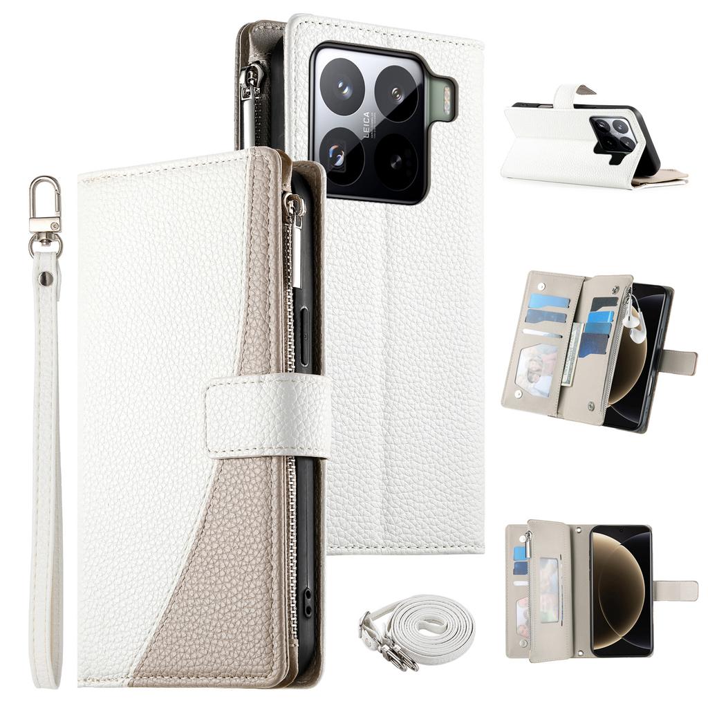 For Xiaomi 15 Pro Case Zipper Wallet Color Splicing Leather Flip Phone Cover with Straps