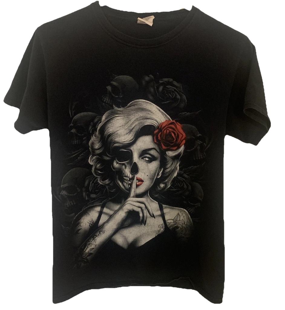 Unisex Marilyn Monroe Skulls & Roses T-Shirt Size Small Black "Shhhh!" *READ*