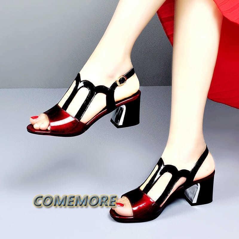 2024 New Women‘s Shoes Peep Toe Sandals Summer Heels Square Mid Heel Ankle Buckle Hollow Out Korean Style Beach Female Footware