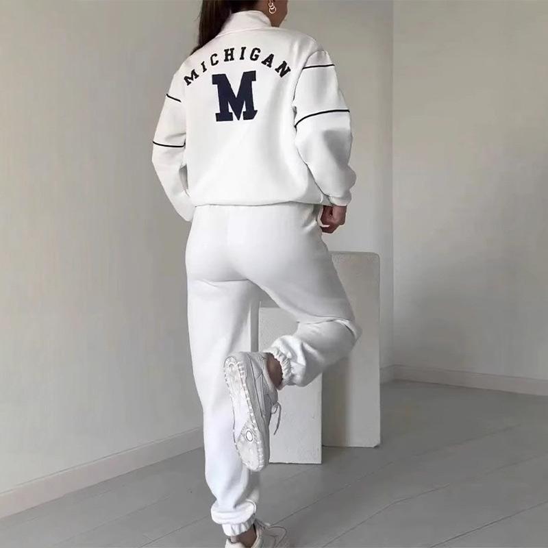 Женская толстовка с длинными рукавами и воротником-стойкой, повседневный спортивный костюм из двух предметов с буквенным принтом, свободный спортивный женский наряд на весну и осень